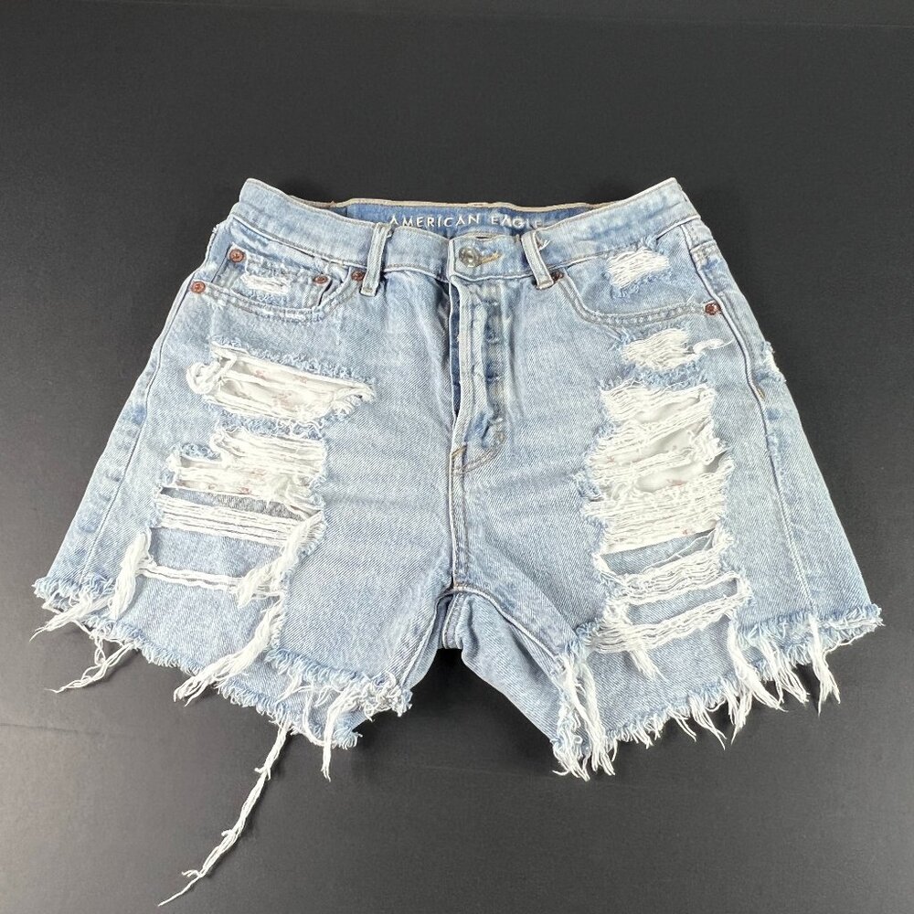 American Eagle Short Women 27* 90s Boyfriend Blue Cut Off Distressed Jorts Tag 2